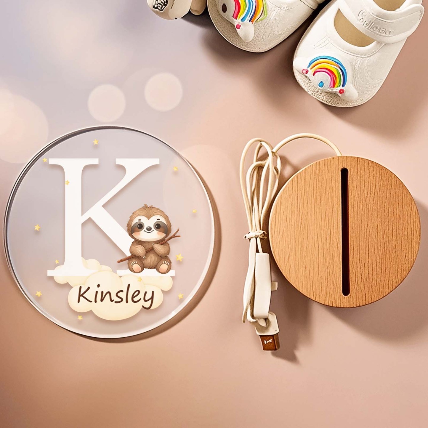 Personalized Fantasy Star Cloud Cute Forest Animal Initial Name LED Night Light with Wooden Base Nursery Decor Birthday Baby Shower Gift for Kids - photomoonlampau