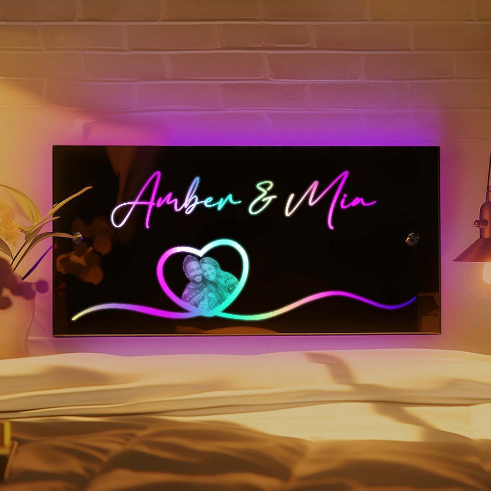 Valentine's Day Decorations Personalized Photo Name Mirror Light Heart Couple Gift - photomoonlampau