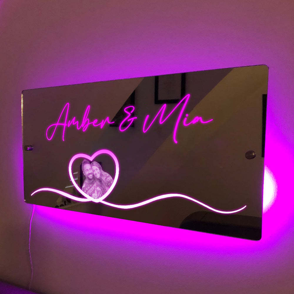 Valentine's Day Decorations Personalized Photo Name Mirror Light Heart Couple Gift - photomoonlampau