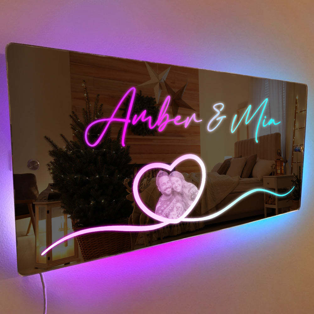 Valentine's Day Decorations Personalized Photo Name Mirror Light Heart Couple Gift - photomoonlampau