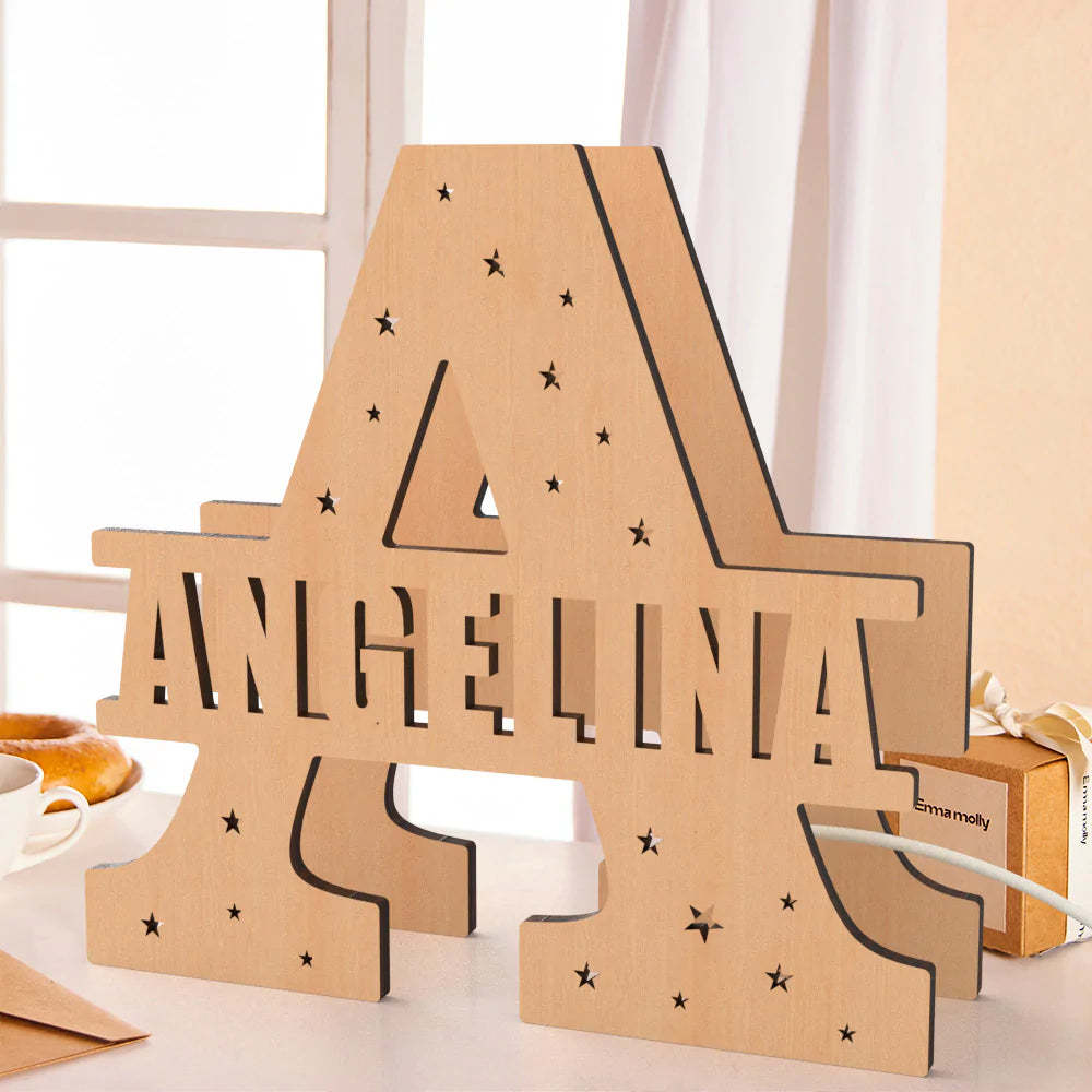 Personalised Initial Name Wooden Night Light Custom Letter Lamp Room Decor - photomoonlampau