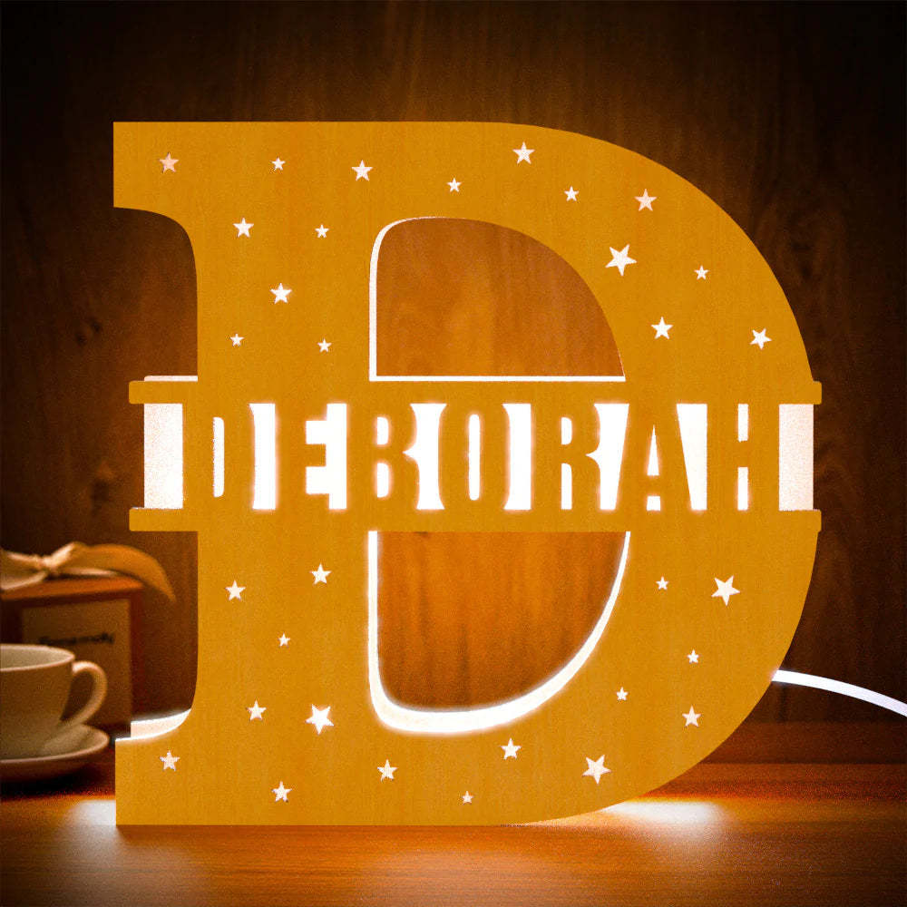 Personalised Initial Name Wooden Night Light Custom Letter Lamp Room Decor - photomoonlampau