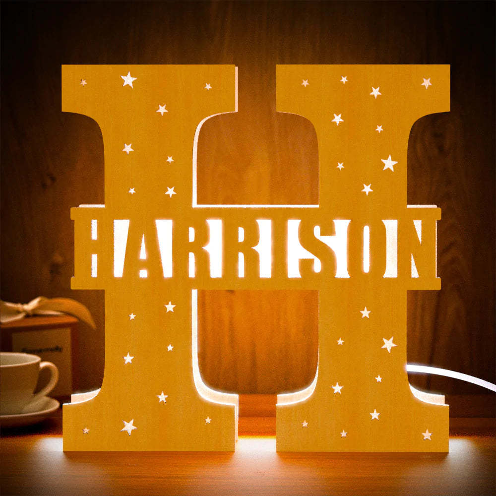Personalised Initial Name Wooden Night Light Custom Letter Lamp Room Decor - photomoonlampau