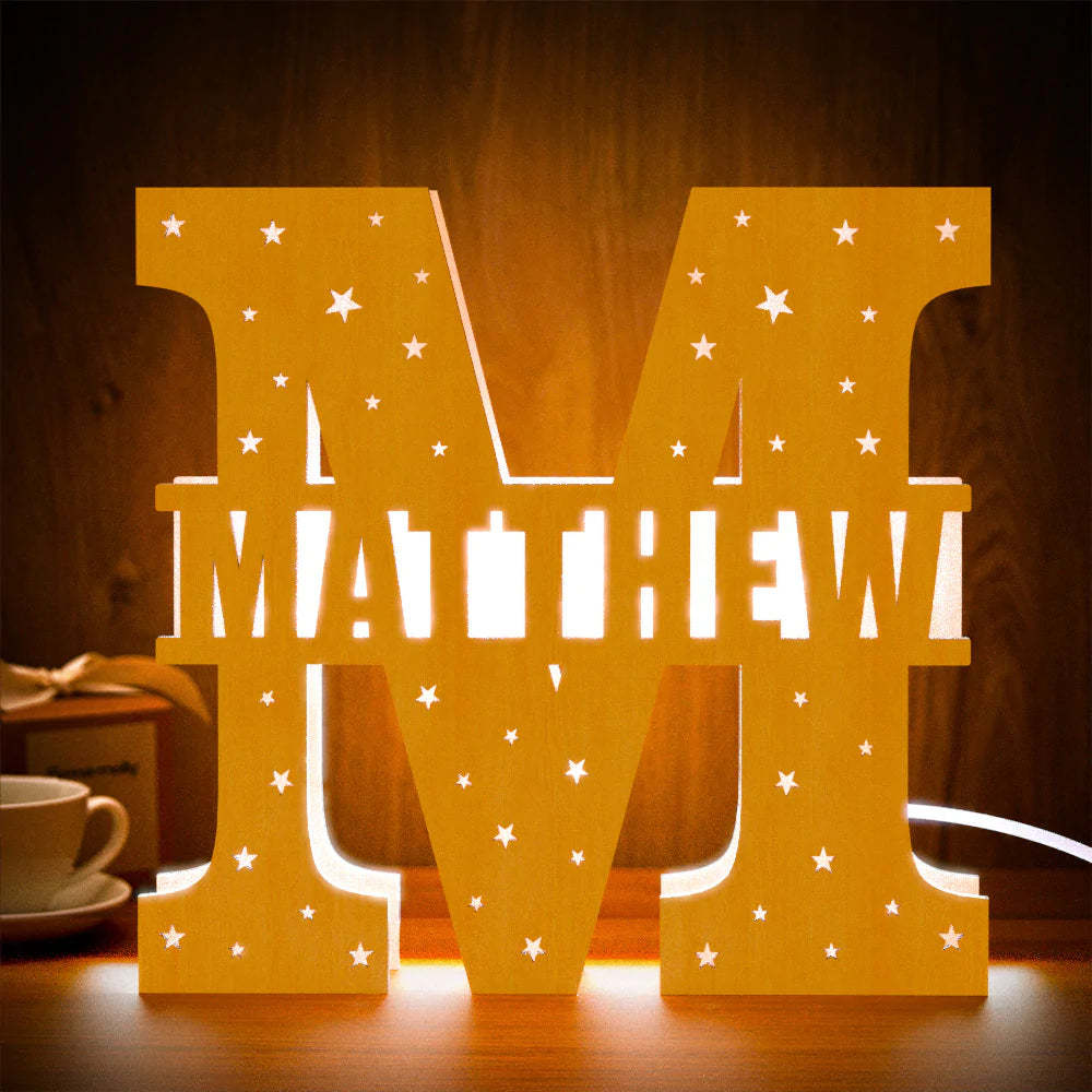 Personalised Initial Name Wooden Night Light Custom Letter Lamp Room Decor - photomoonlampau