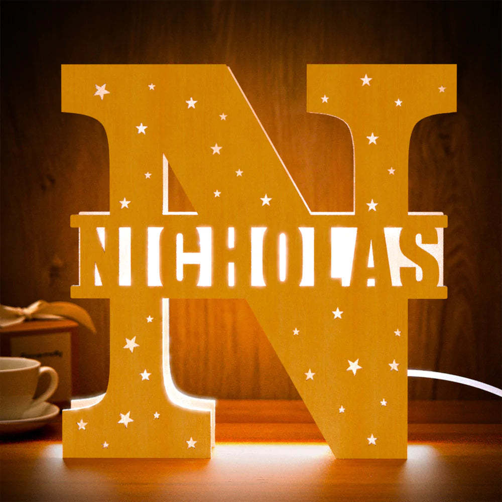 Personalised Initial Name Wooden Night Light Custom Letter Lamp Room Decor - photomoonlampau