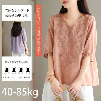 🔥2点目1,000円【10kg痩せて見えるコットンリネンブラウス 】高級感のあるプリント工芸