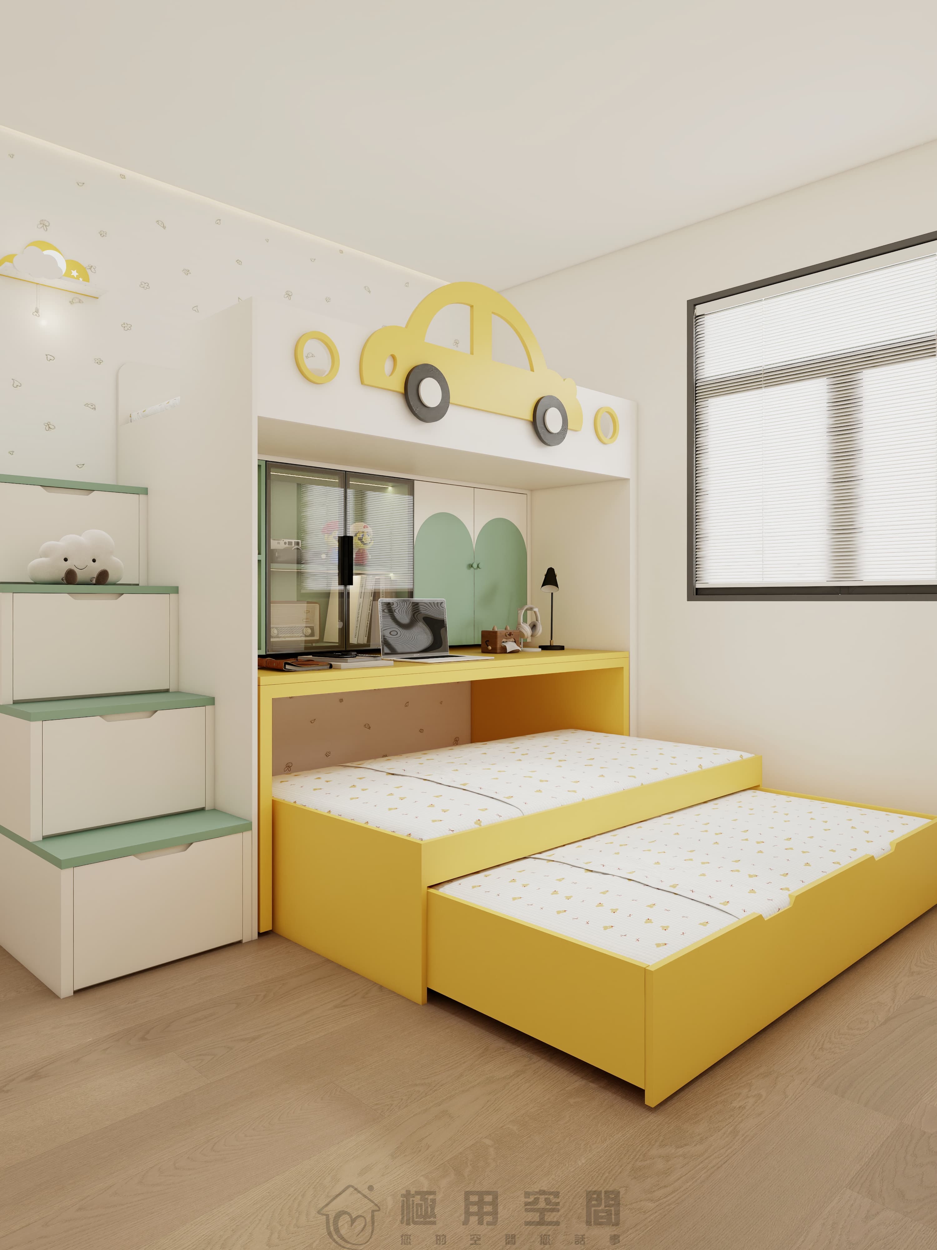 【兒童房31】白綠黃三床 高床+字母床
