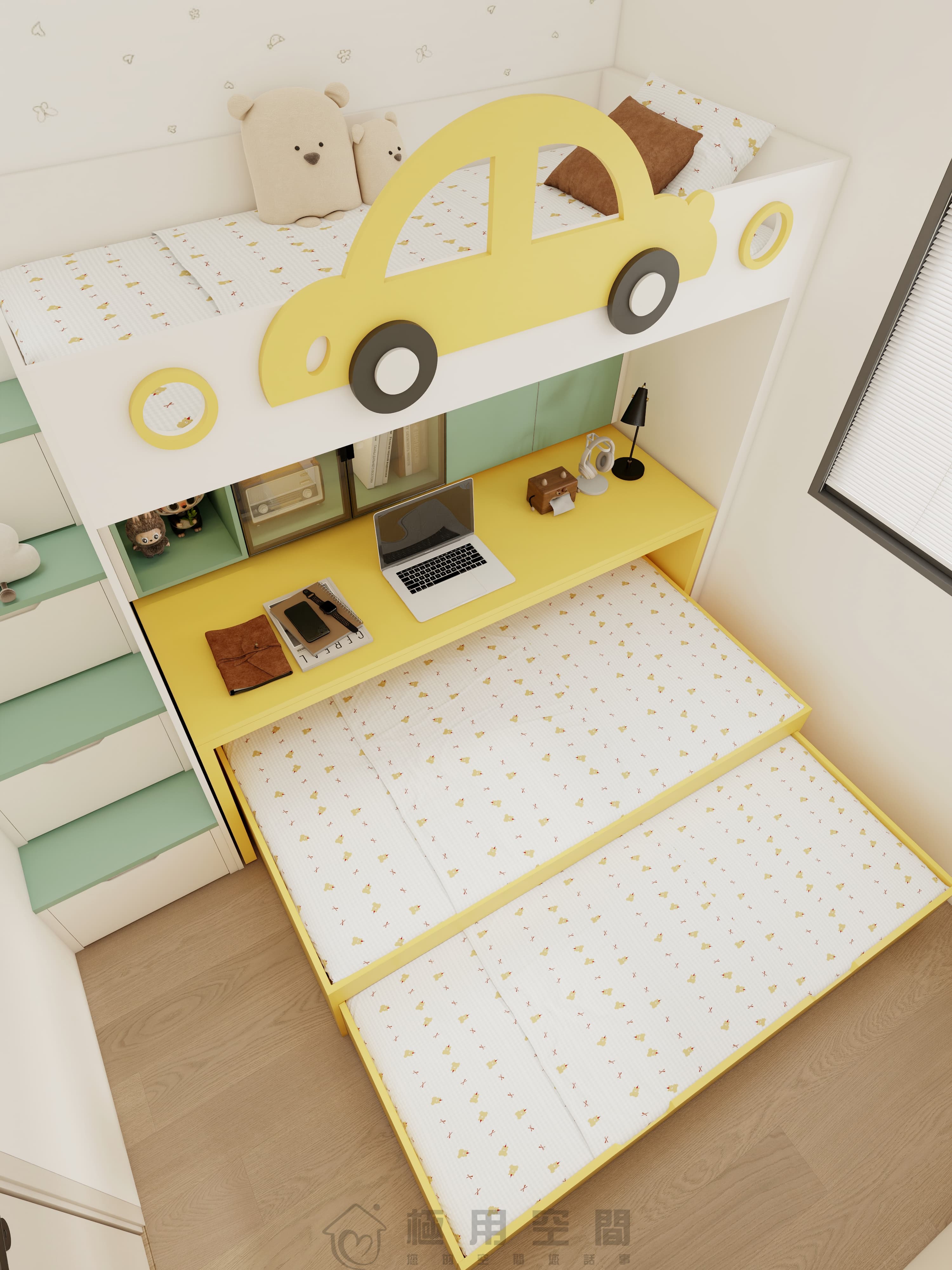 【兒童房31】白綠黃三床 高床+字母床