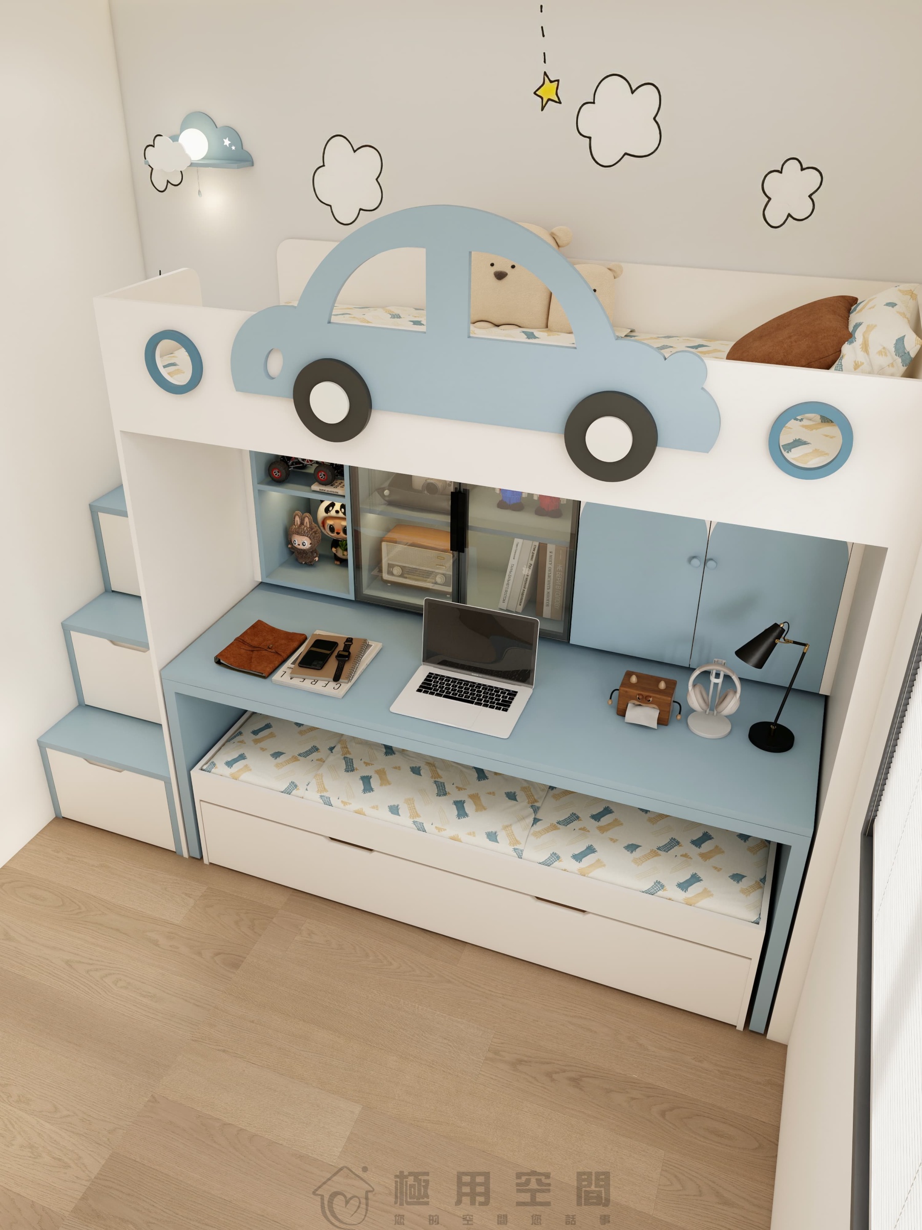 【兒童房30】白藍三床 高床+字母床
