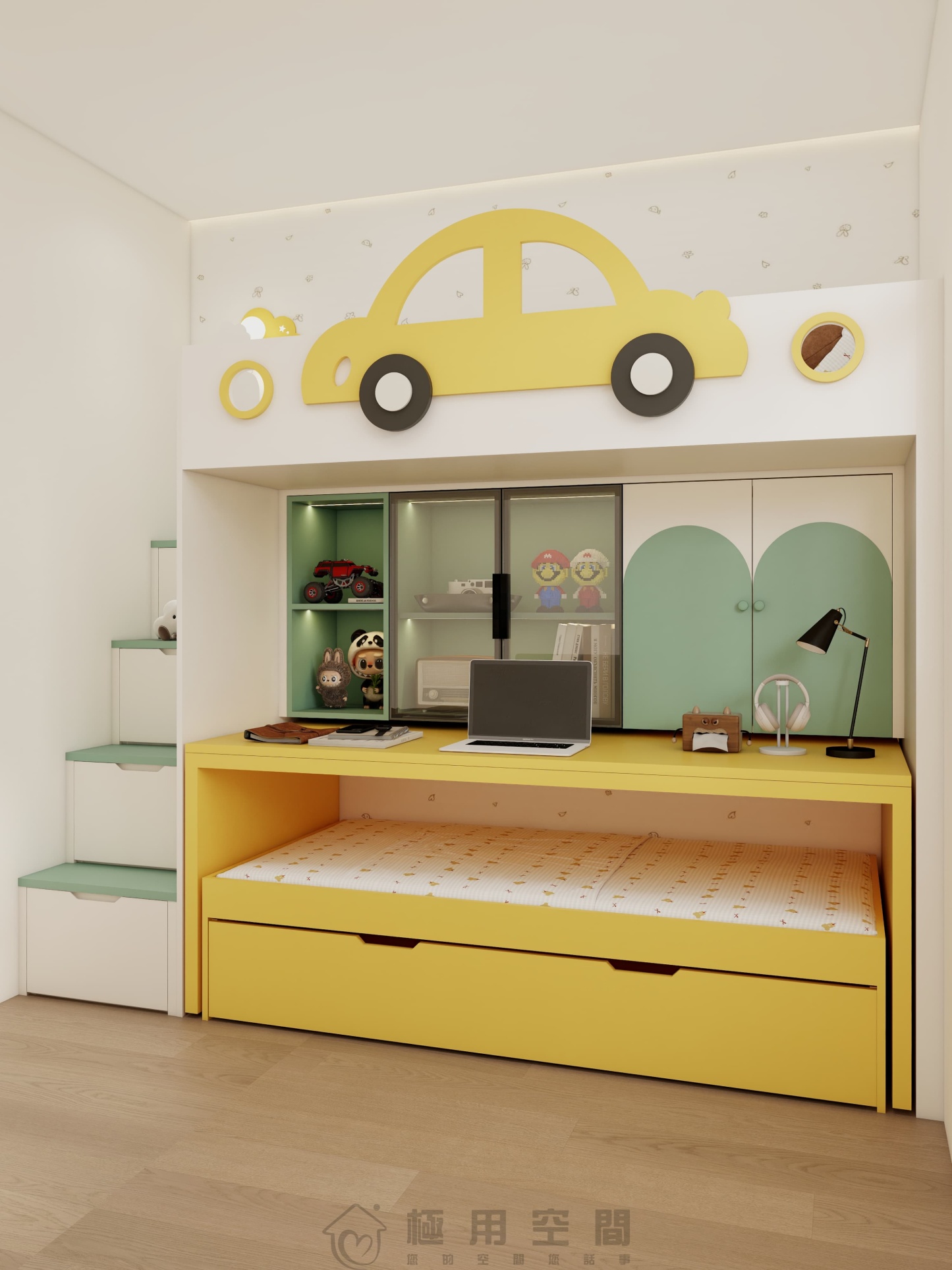 【兒童房31】白綠黃三床 高床+字母床