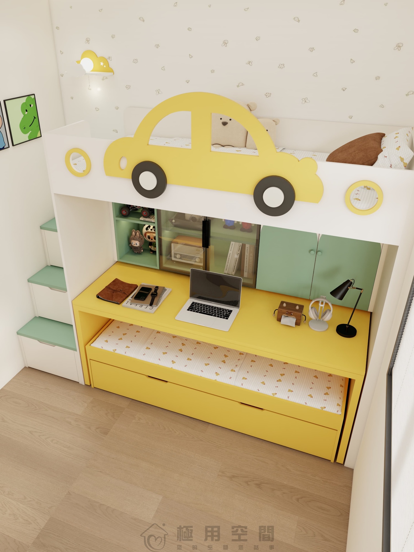 【兒童房31】白綠黃三床 高床+字母床