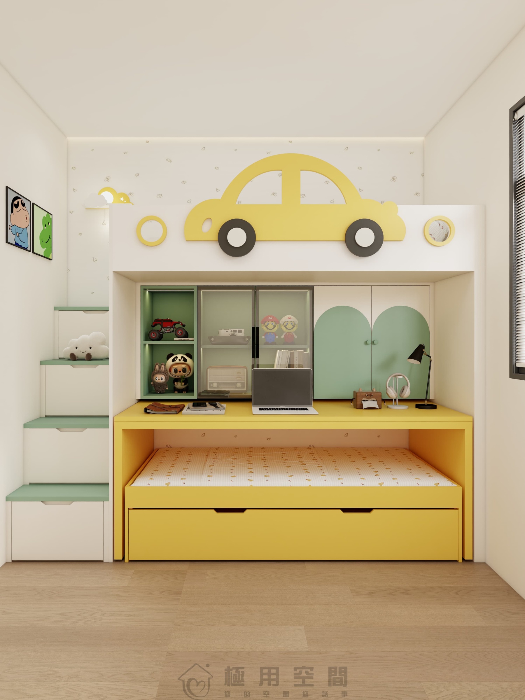 【兒童房31】白綠黃三床 高床+字母床