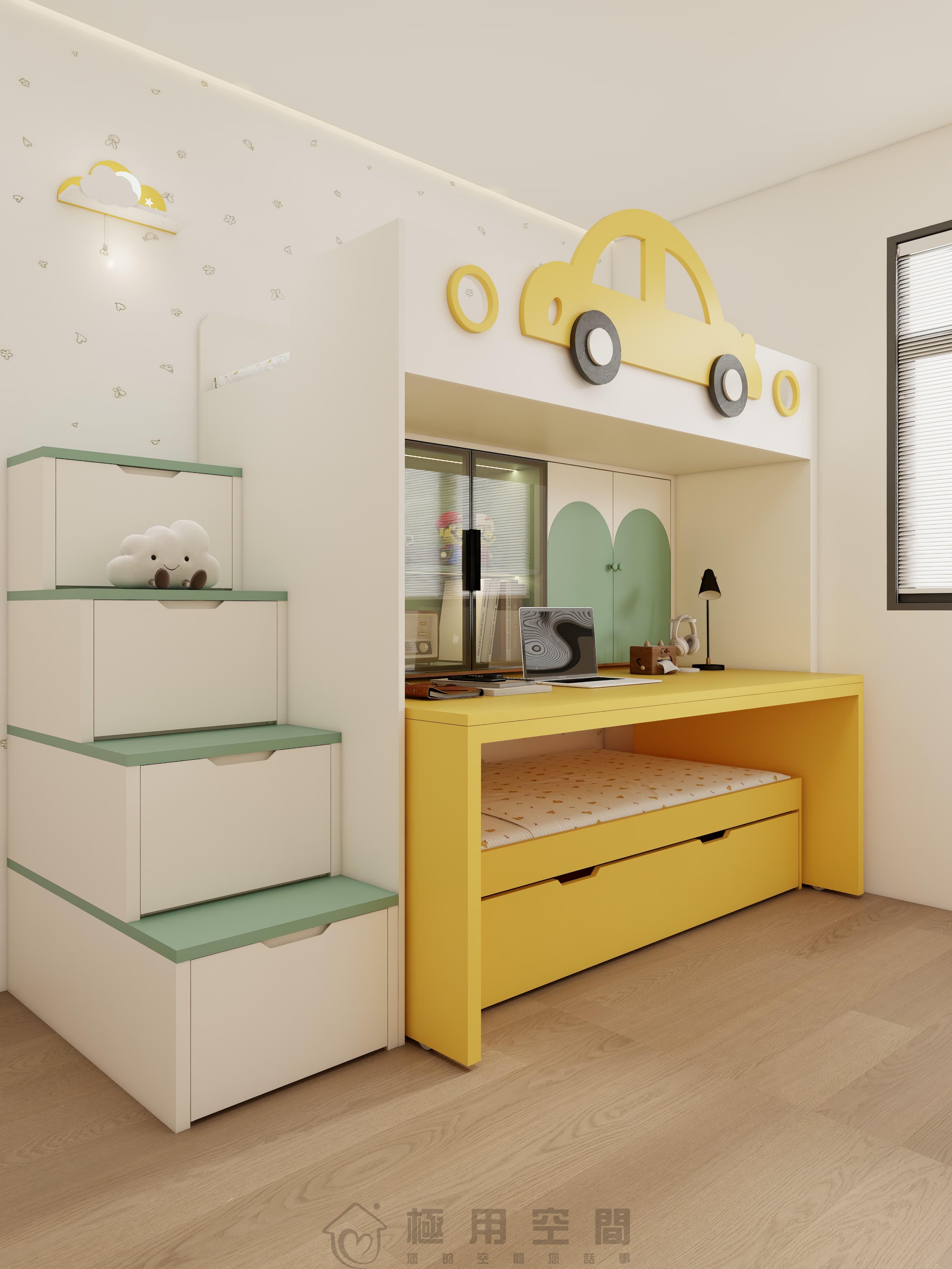 【兒童房31】白綠黃三床 高床+字母床