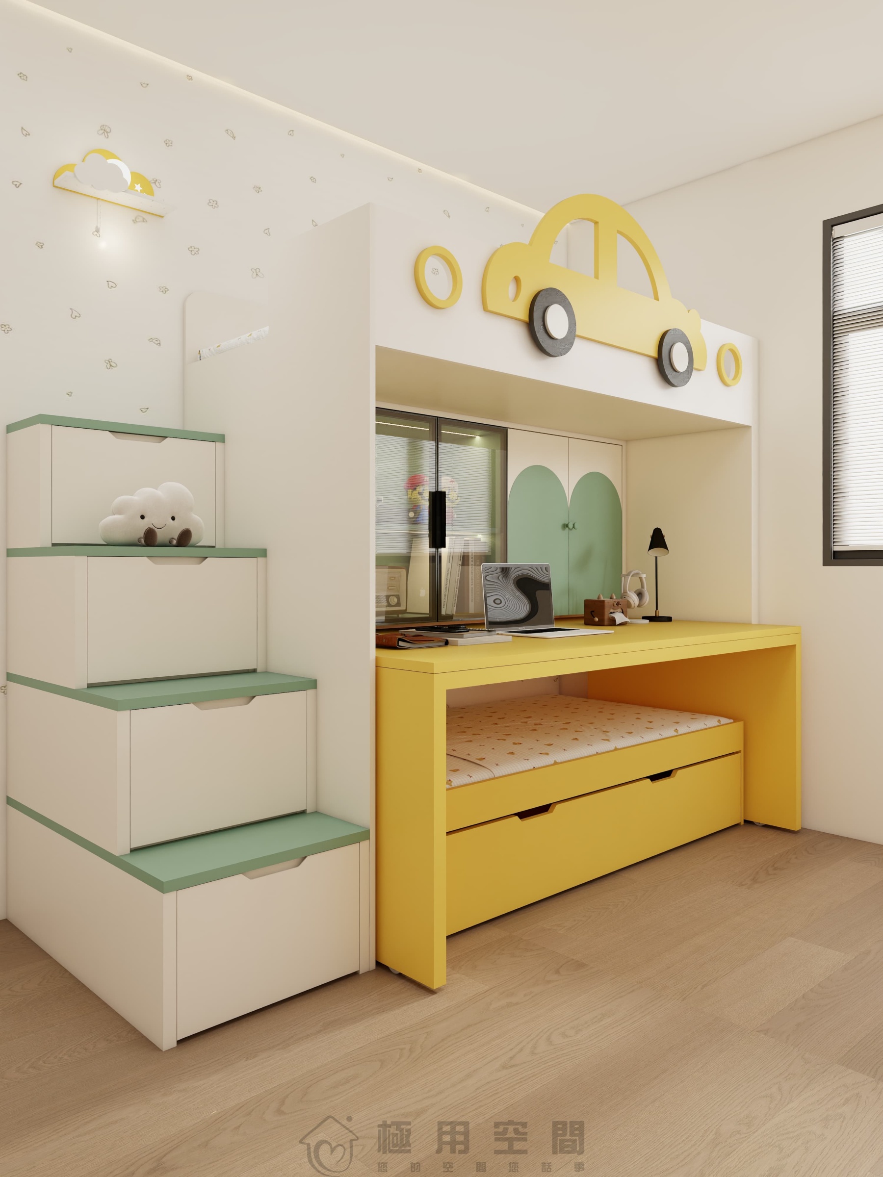 【兒童房31】白綠黃三床 高床+字母床