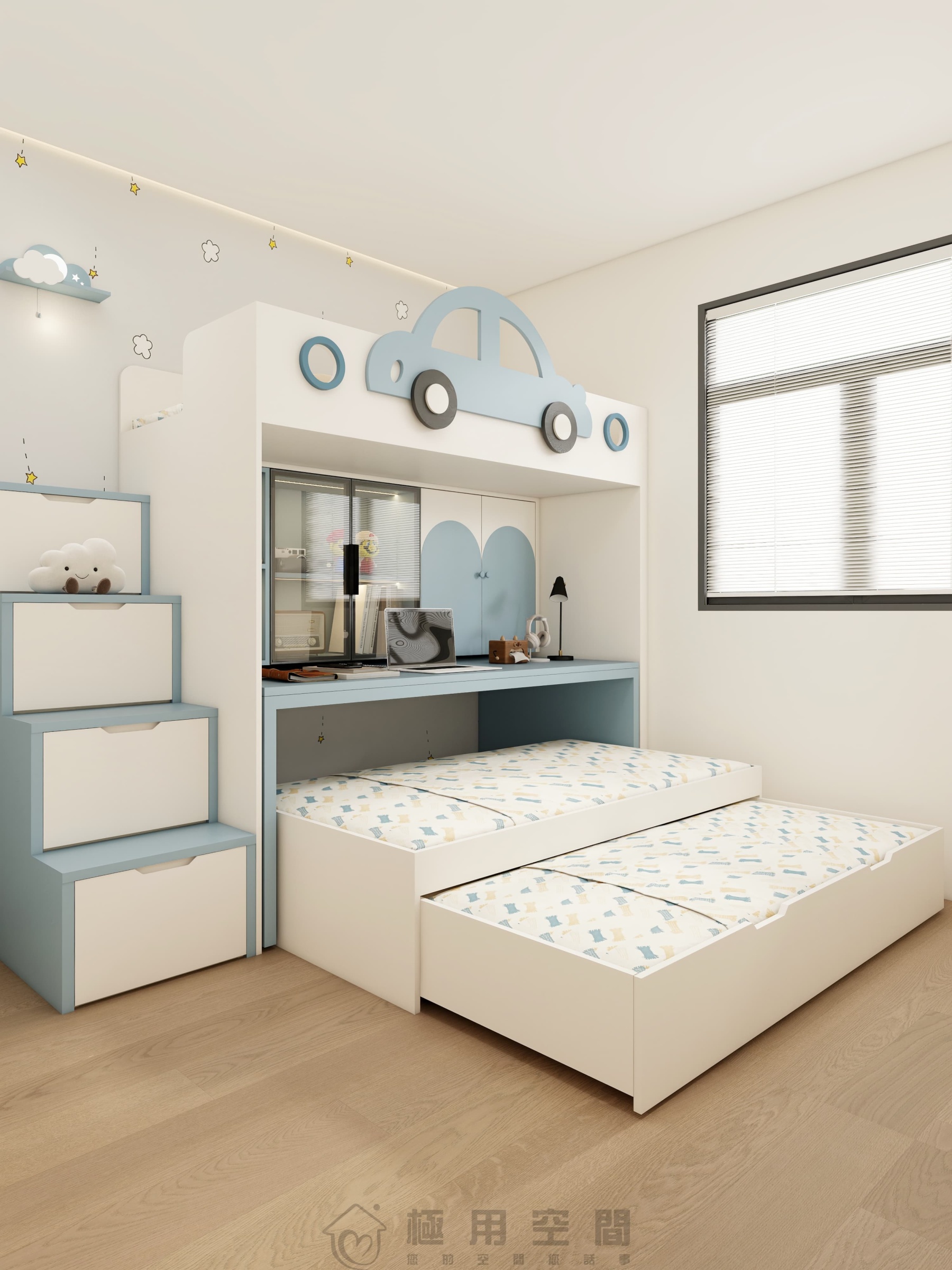 【兒童房30】白藍三床 高床+字母床