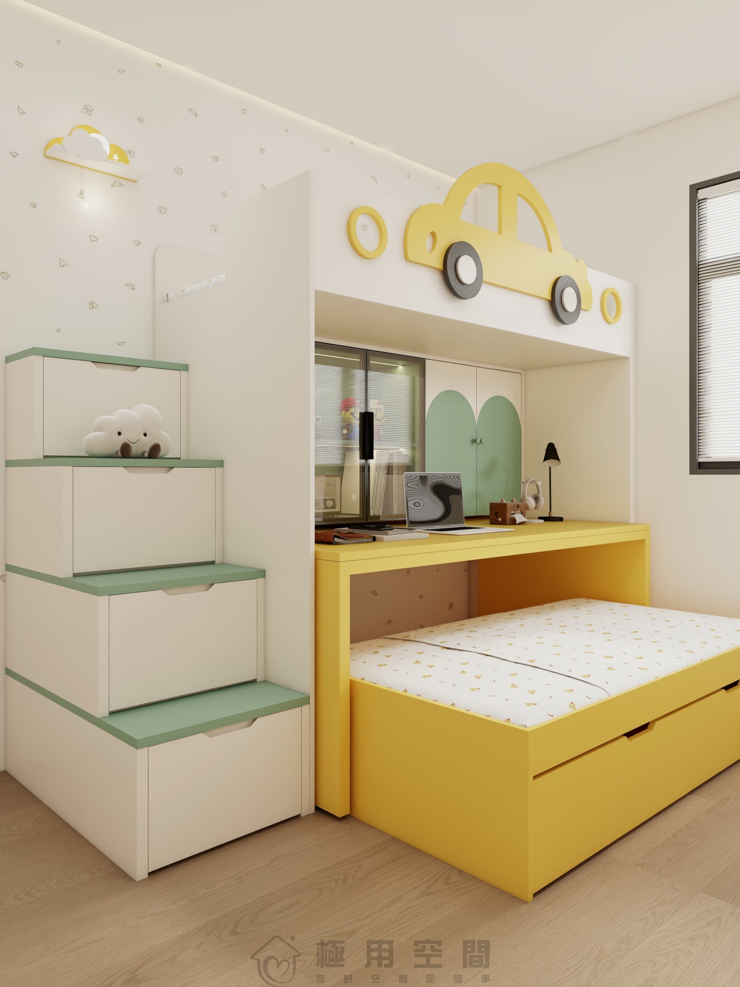 【兒童房31】白綠黃三床 高床+字母床