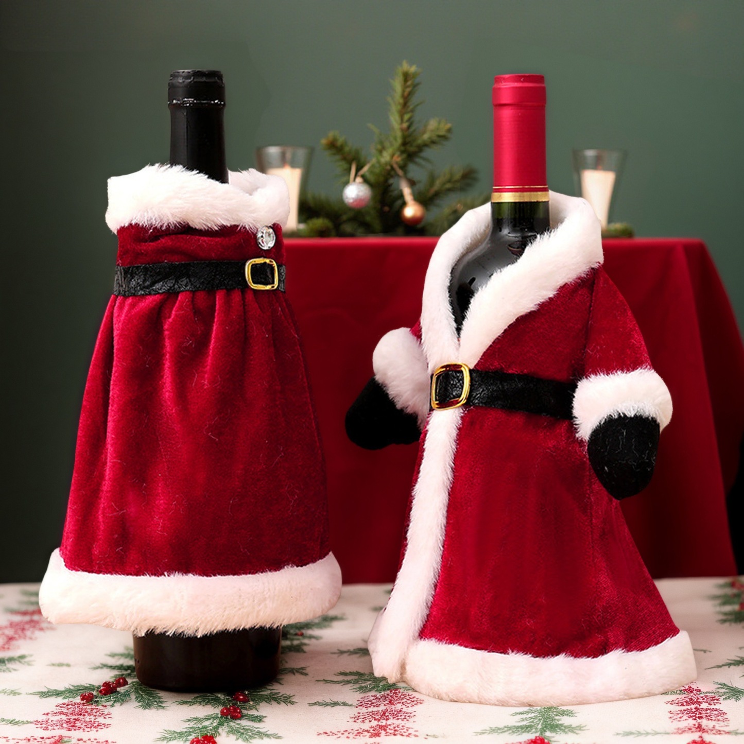 Fundas De Terciopelo De Lujo Con Forma De Papá Noel Para Botellas De Vino. Juego Festivo De Disfraces Navideños Para Botellas De Vino. Fundas De Felpa Con Forma De Papá Noel Para Botellas De Vino Y Champán. - 
