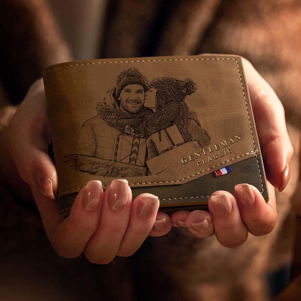 Cartera Con Foto Grabada Personalizada, Estilo Clásico, Plegable, Para Hombre, Con Inscripción Personalizada, Cartera De Cuero Con Foto Para Hombre, Cuero Café Para Hombre Para El Día Del Padre - TuNombrecollar