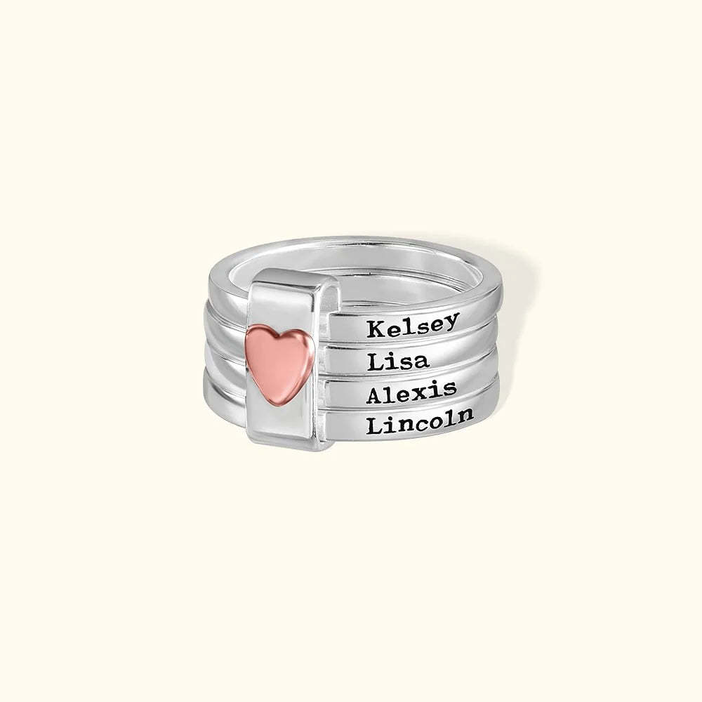 Anillos Apilables Personalizados Con Nombre Y Corazón. Joyas Personalizadas Con El Nombre De La Familia. Anillos Con Nombre Grabados Personalizados. Anillos Apilables Con El Nombre De La Familia. - 