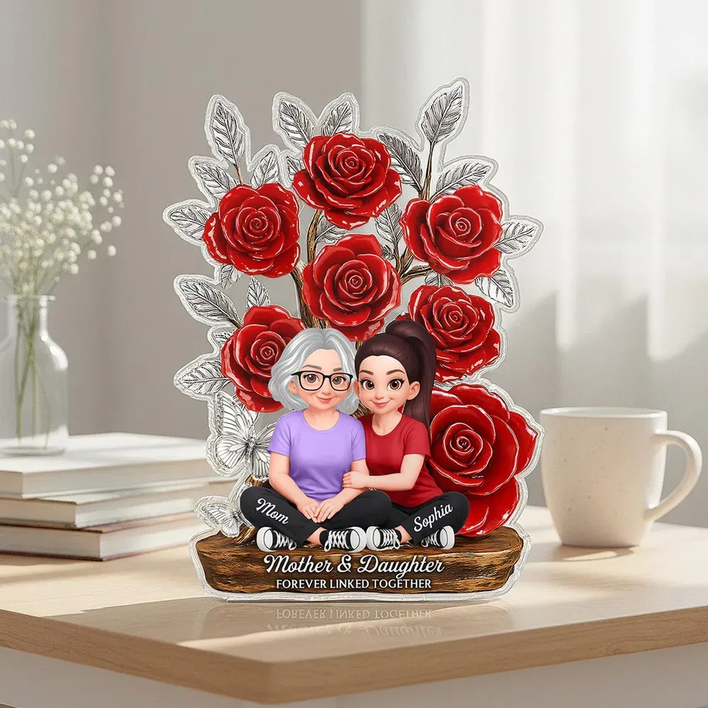 Regalo Del Día De La Madre Madre E Hija Personalizadas Unidas Para Siempre Placa Acrílica Dibujos Animados Personalizados Madre E Hija Rosa Adorno De Escritorio Conmovedor - 