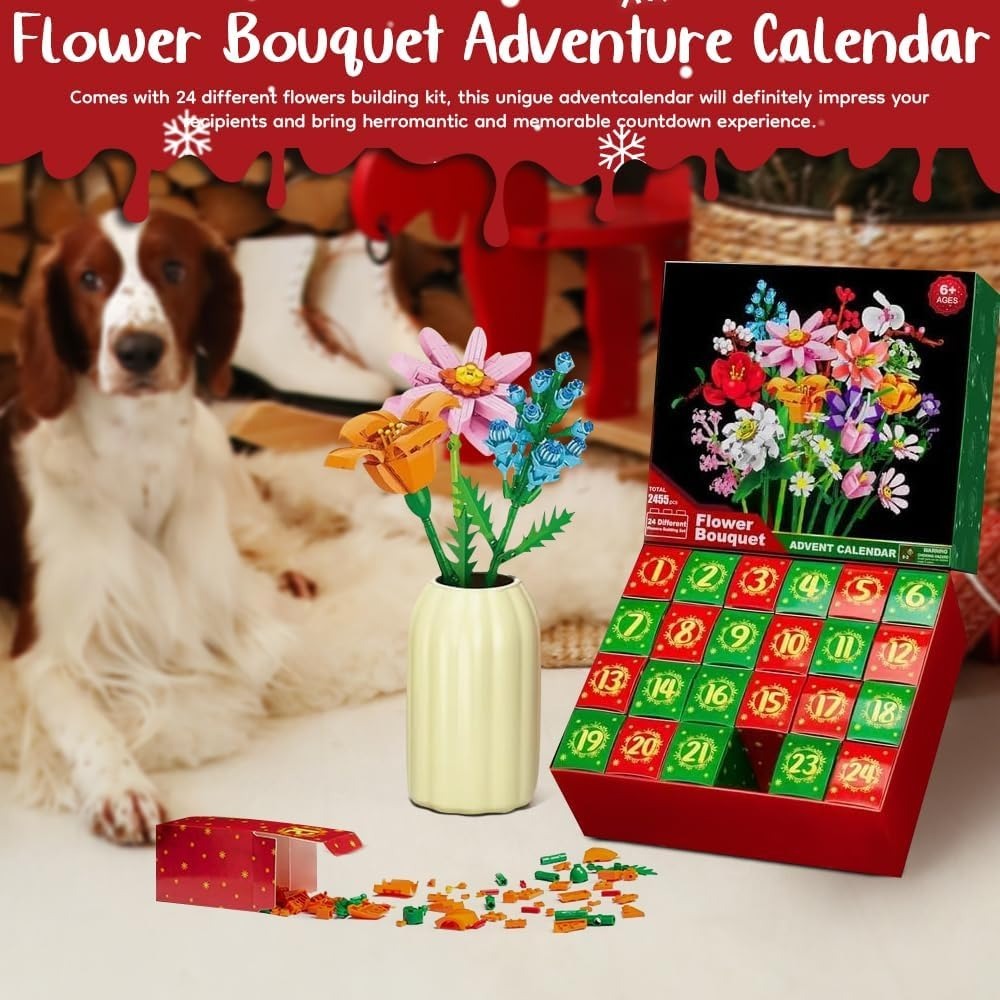 Bloques De Construcción Para El Calendario De Adviento Con Ramo De Flores – Caja Sorpresa Para La Cuenta Regresiva De Navidad - 