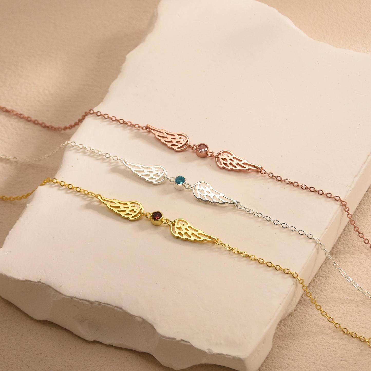 Pulsera Personalizada Con Ala De Ángel Y Piedra Natal, Con Gema Del Mes De Nacimiento. Pulsera Ajustable Con Dije De Ala De Ángel Guardián Y Piedra Natal. - 