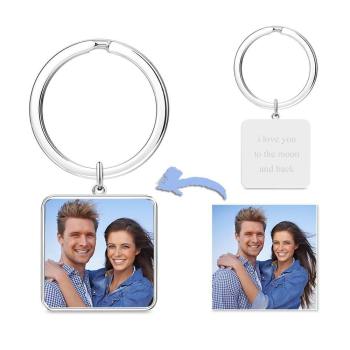 Engraved Square Tag Photo Key Chain Silver -