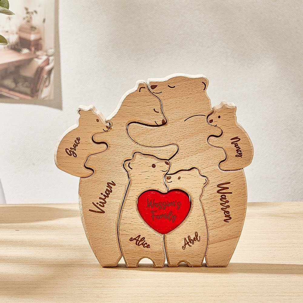 Osos De Abrazo De Madera Personalizados, Nombres De Miembros De La Familia Personalizados, Rompecabezas, Regalos De Decoración Del Hogar - TuNombrecollar