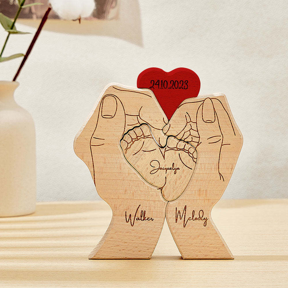 Pies De Bebé De Madera Personalizados, Nombres De Miembros De La Familia Personalizados, Rompecabezas Con Fecha, Regalos De Decoración Del Hogar - TuNombrecollar