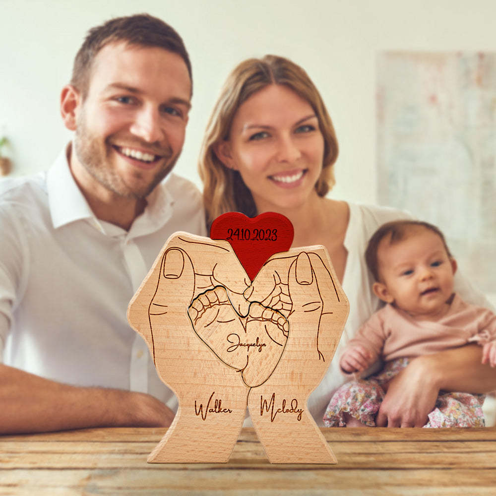 Pies De Bebé De Madera Personalizados, Nombres De Miembros De La Familia Personalizados, Rompecabezas Con Fecha, Regalos De Decoración Del Hogar - TuNombrecollar