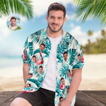 Camisa Hawaiana Con Cara Personalizada, Camisa Hawaiana Con Cara De Hojas Verdes De Flamenco De Verano - TuNombrecollar