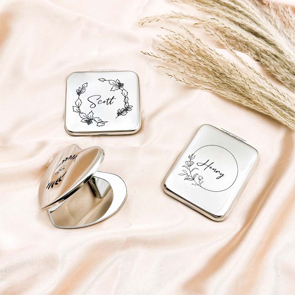 Favor De Espejo Compacto De Plata Grabado Personalizado, Espejo De Bolsillo Con Nombre Grabado Personalizado, Regalo Para Ella, Regalos De Dama De Honor, Regalos De Fiesta De Bodas - TuNombrecollar