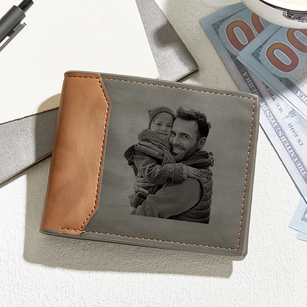 Regalos Para El Día Del Padre: Billetera De Cuero Con Foto Grabada Y Nombre Personalizado. Billetera Con Inicial Grabada Y Foto Personalizada. Regalo Único Para Él. - 