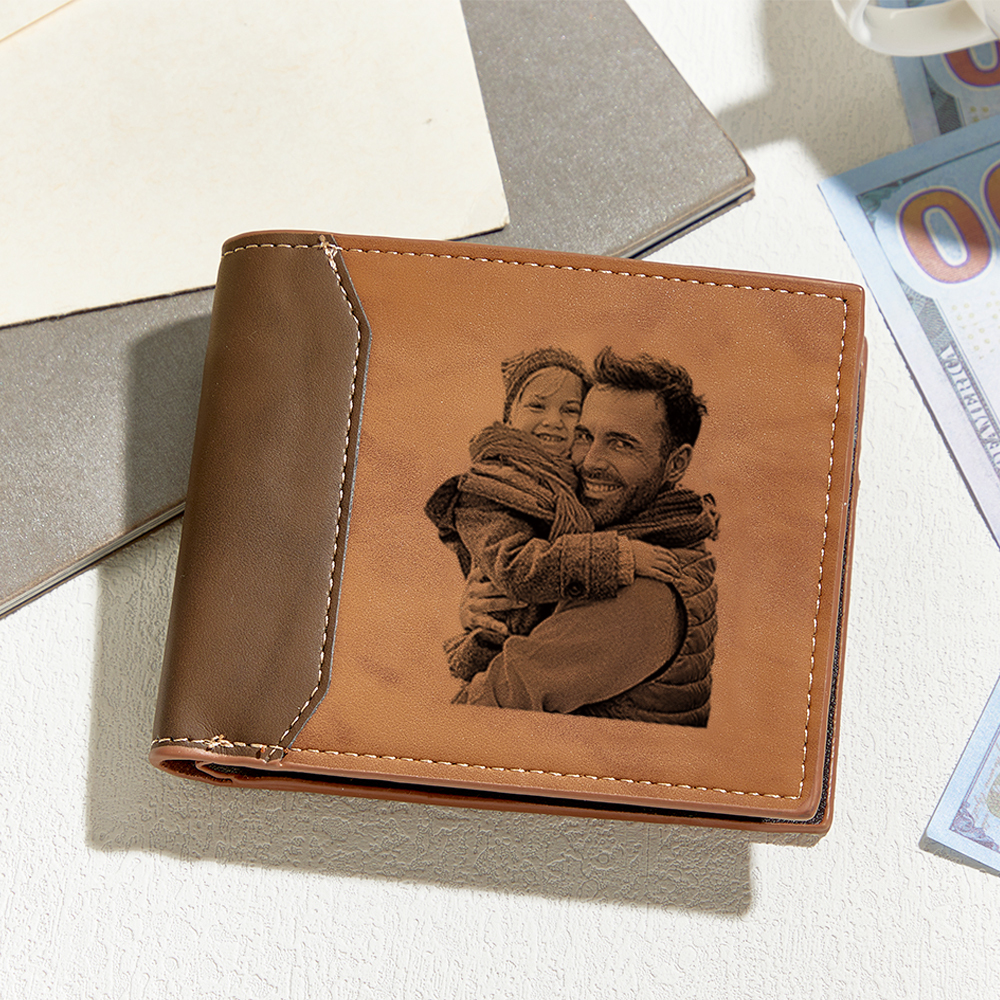Regalos Para El Día Del Padre: Billetera De Cuero Con Foto Grabada Y Nombre Personalizado. Billetera Con Inicial Grabada Y Foto Personalizada. Regalo Único Para Él. - 