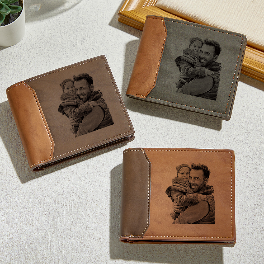Regalos Para El Día Del Padre: Billetera De Cuero Con Foto Grabada Y Nombre Personalizado. Billetera Con Inicial Grabada Y Foto Personalizada. Regalo Único Para Él. - 