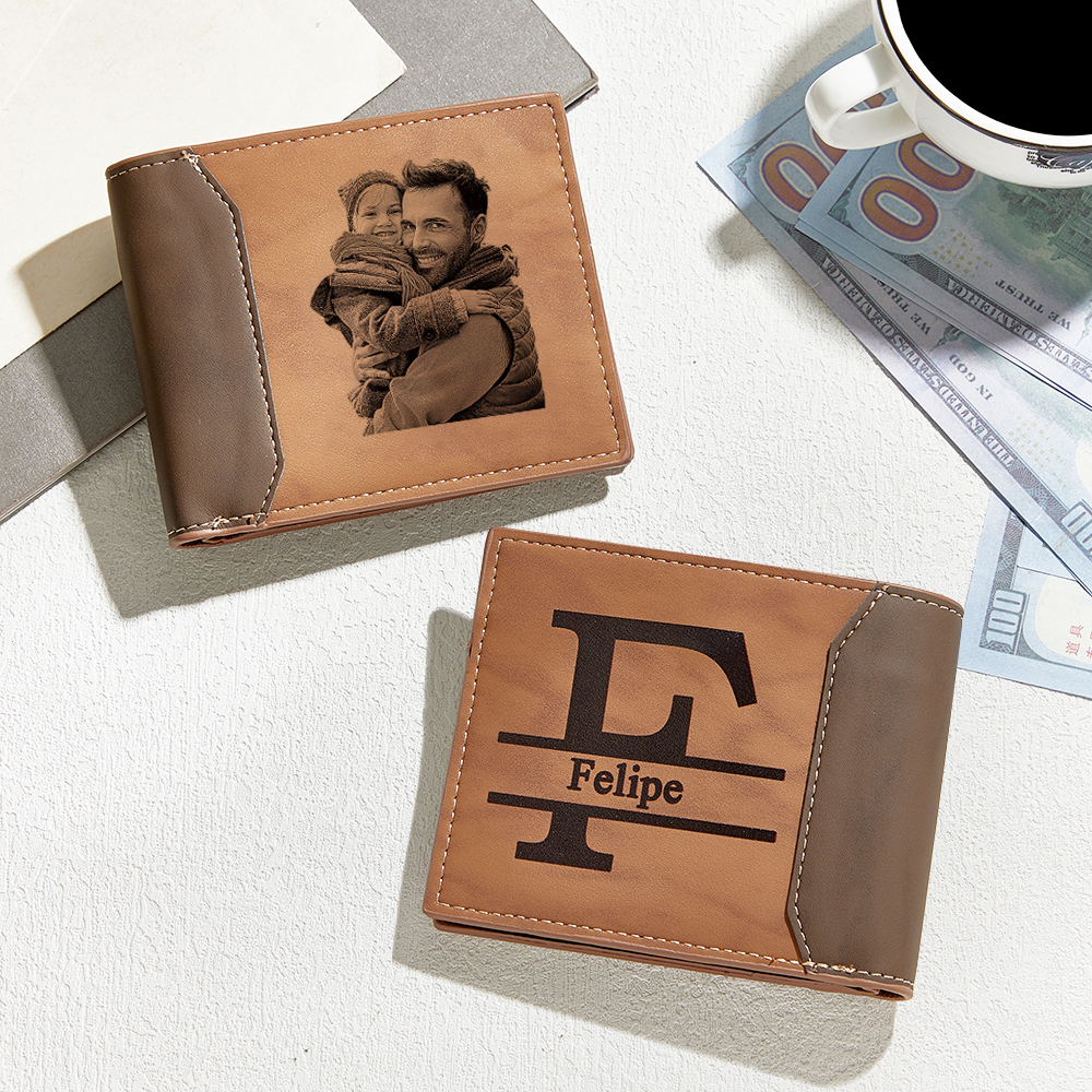 Regalos Para El Día Del Padre: Billetera De Cuero Con Foto Grabada Y Nombre Personalizado. Billetera Con Inicial Grabada Y Foto Personalizada. Regalo Único Para Él. - 