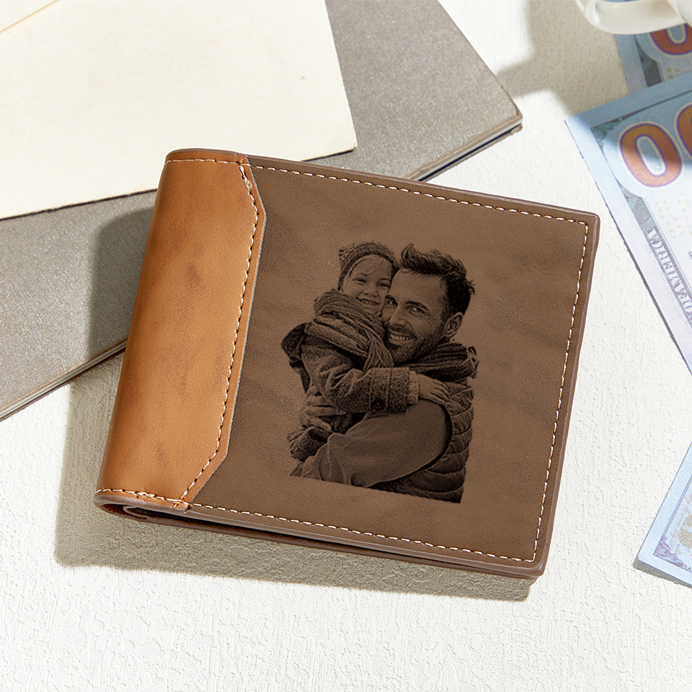 Regalos Para El Día Del Padre: Billetera De Cuero Con Foto Grabada Y Nombre Personalizado. Billetera Con Inicial Grabada Y Foto Personalizada. Regalo Único Para Él. - 