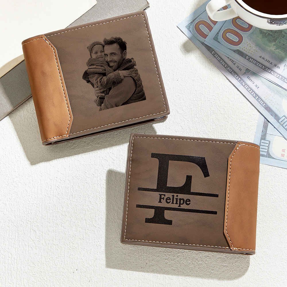 Regalos Para El Día Del Padre: Billetera De Cuero Con Foto Grabada Y Nombre Personalizado. Billetera Con Inicial Grabada Y Foto Personalizada. Regalo Único Para Él. - 
