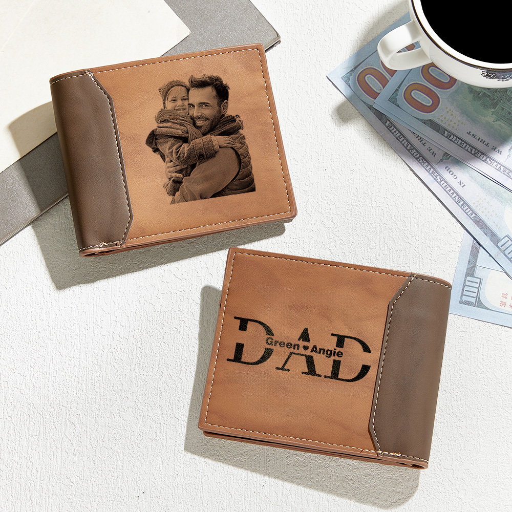 Cartera De Cuero Personalizada Con Foto Y Nombre Para El Día Del Padre. Cartera De Cuero Grabada Con Foto Y Nombre De Los Niños. - 