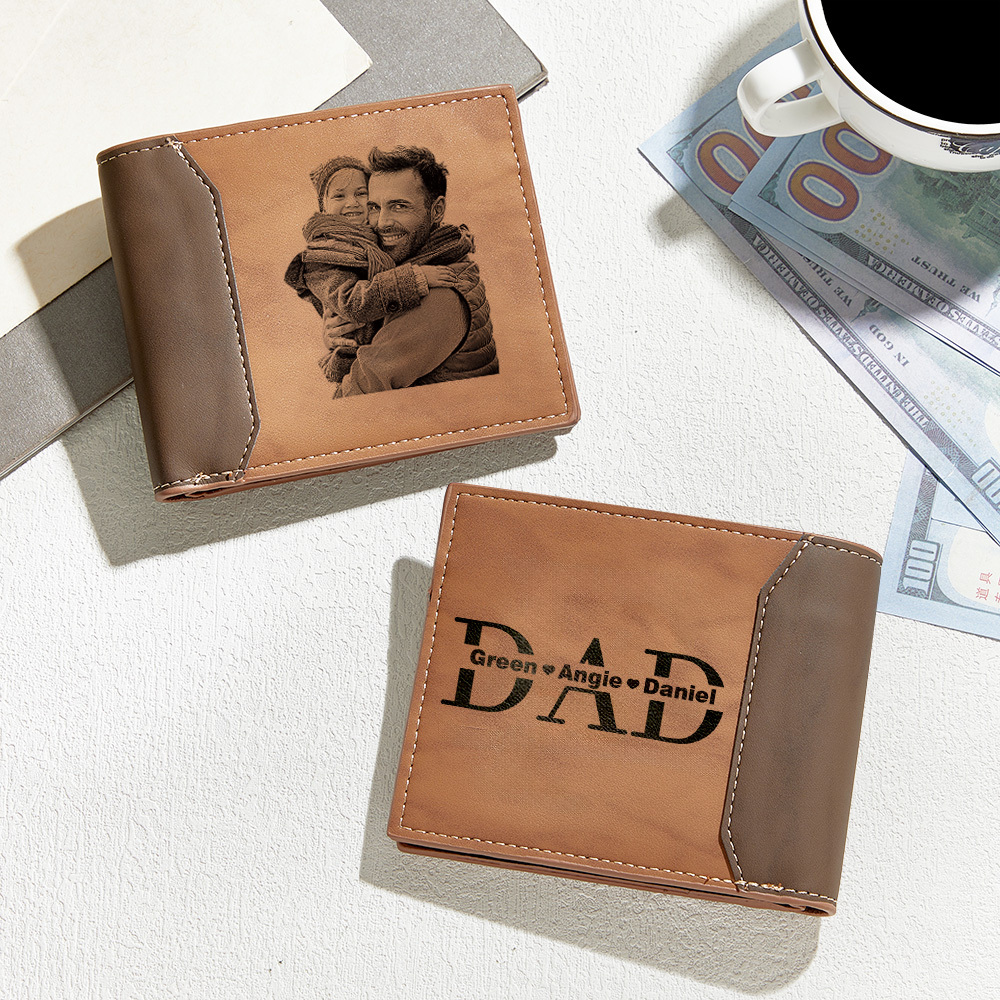 Cartera De Cuero Personalizada Con Foto Y Nombre Para El Día Del Padre. Cartera De Cuero Grabada Con Foto Y Nombre De Los Niños. - 
