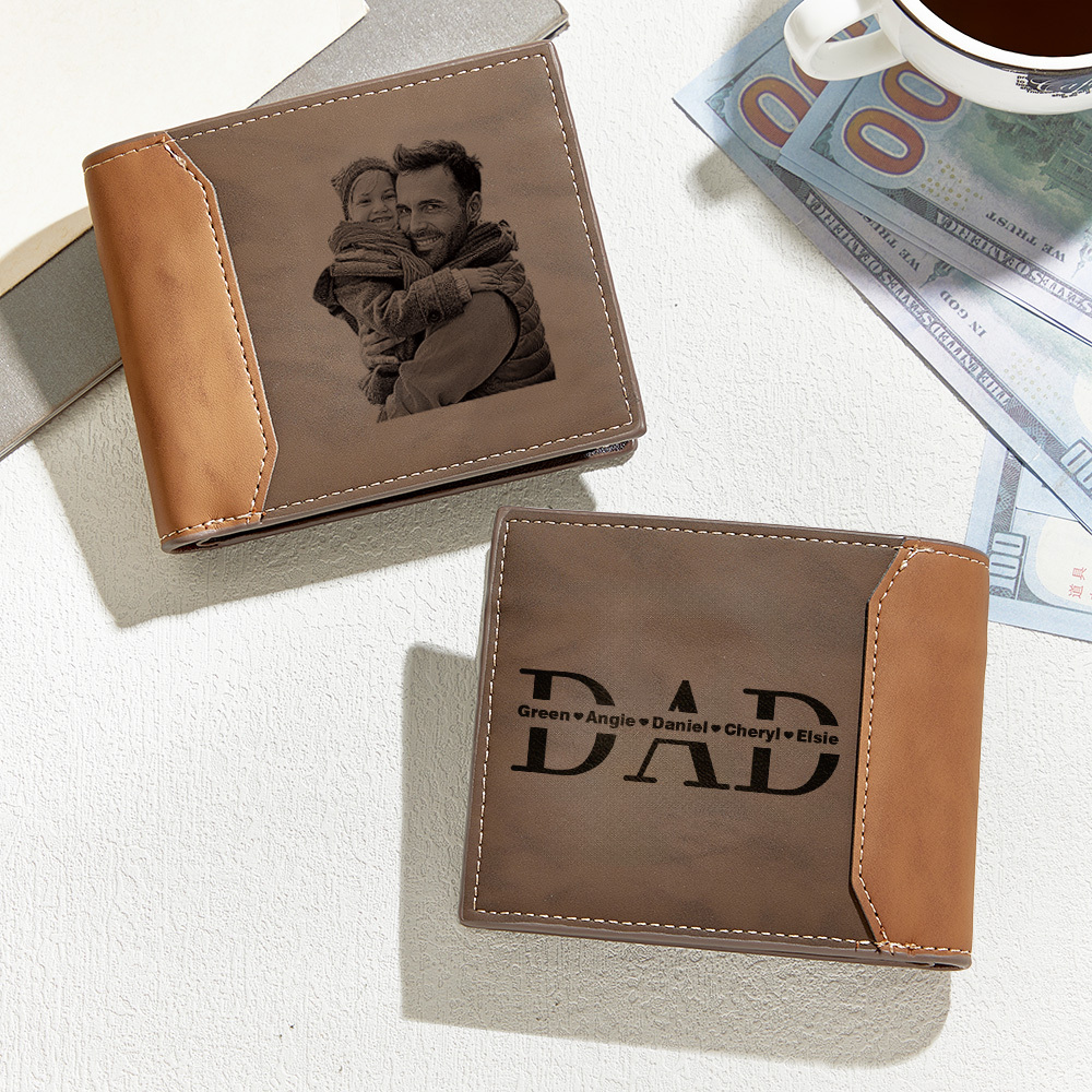 Cartera De Cuero Personalizada Con Foto Y Nombre Para El Día Del Padre. Cartera De Cuero Grabada Con Foto Y Nombre De Los Niños. - 