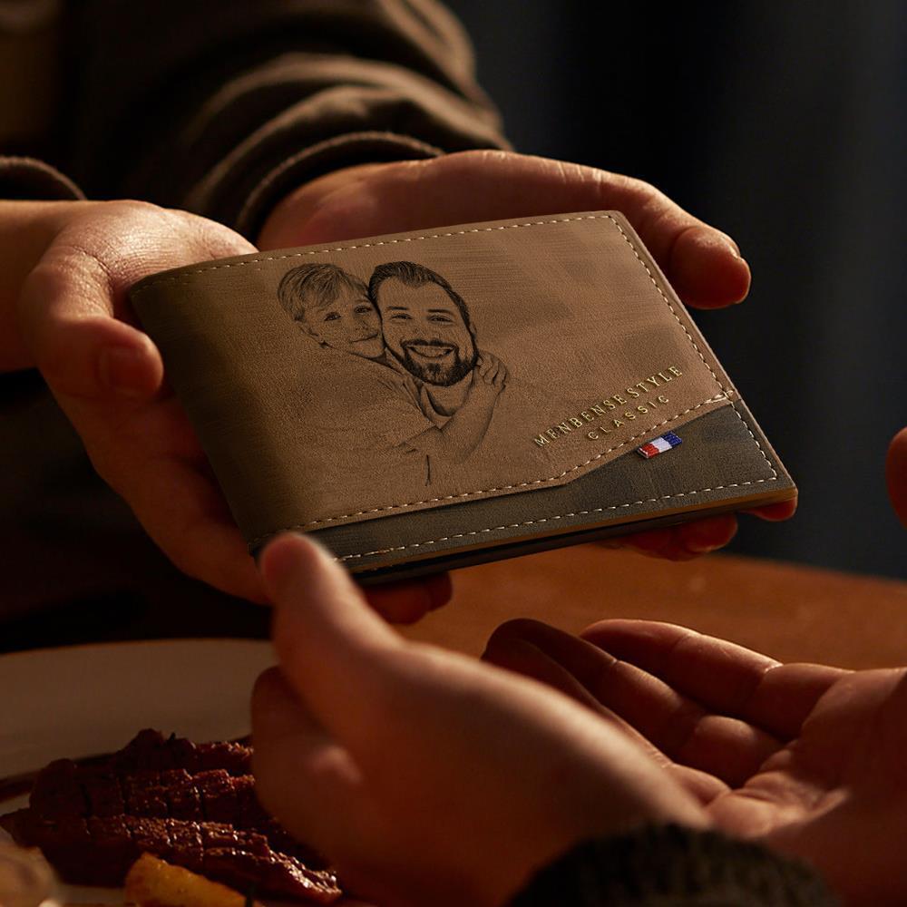 Cartera Con Foto Grabada Personalizada, Estilo Clásico, Plegable, Para Hombre, Con Inscripción Personalizada, Cartera De Cuero Con Foto Para Hombre, Cuero Café Para Hombre Para El Día Del Padre - TuNombrecollar