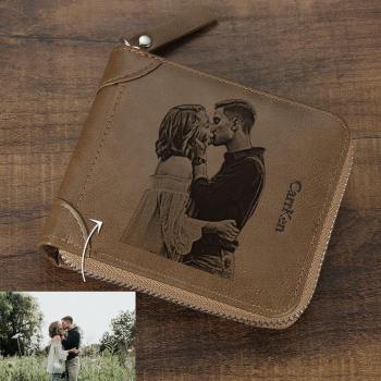 Cartera Con Foto Grabada Con Inscripción Personalizada Y Cremallera, Estilo Corto - Cuero Marrón