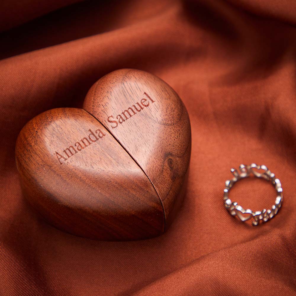Caja De Anillo Grabada En Forma De Corazón Personalizada Anillos Dobles De Madera Soporte Para Anillo De Bodas - TuNombrecollar