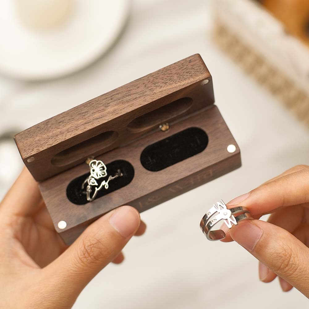 Caja De Anillo De Compromiso Grabada Caja De Anillos Dobles De Propuesta De Madera - TuNombrecollar