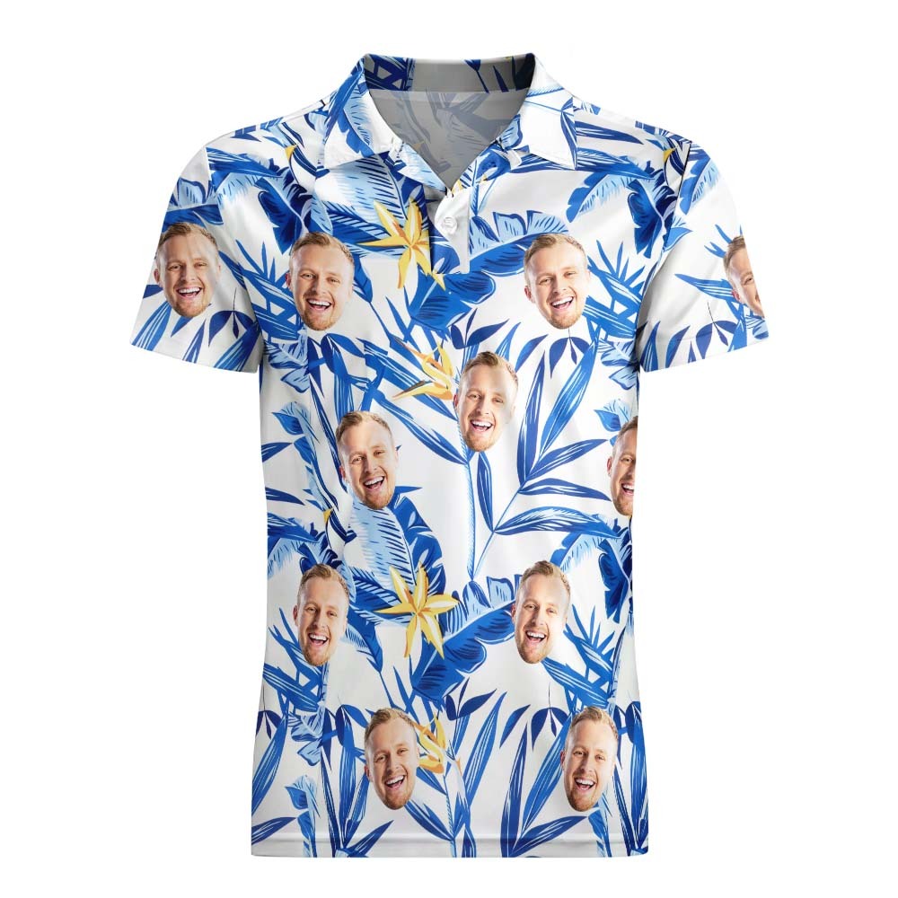 Polo Personalizado Con Cara De Hombre, Polo De Golf Aloha, Regalo De Hojas Azules Para Él - TuNombrecollar