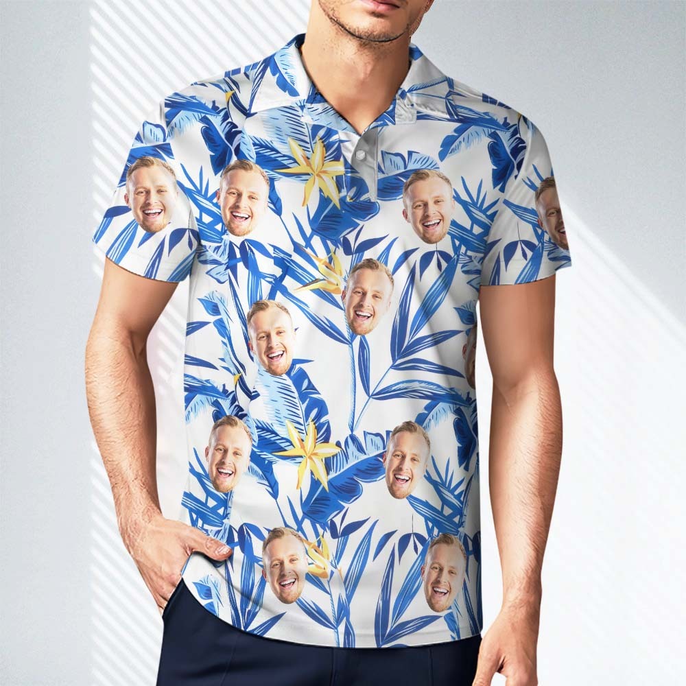 Polo Personalizado Con Cara De Hombre, Polo De Golf Aloha, Regalo De Hojas Azules Para Él - TuNombrecollar