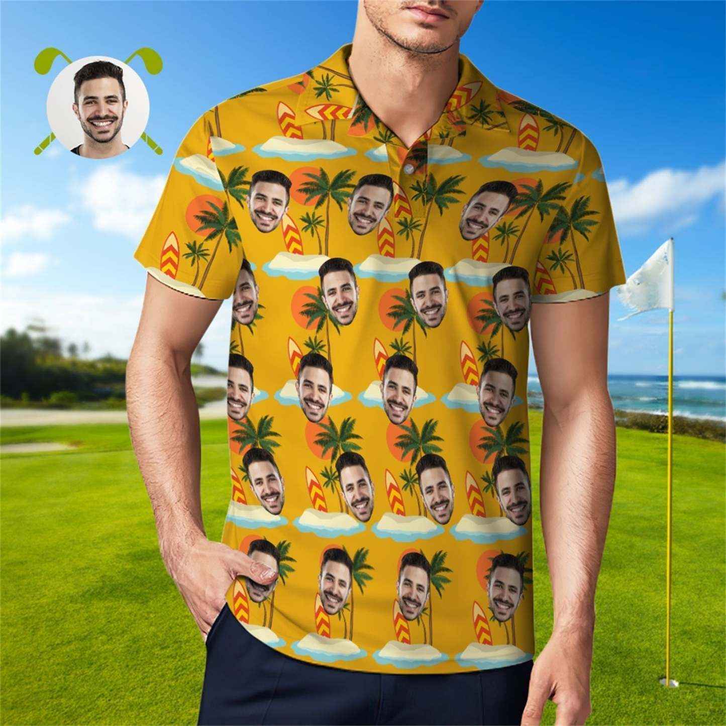 Polo Personalizado Con Cara Para Hombre, Camisa De Playa Con Árbol De Coco, Camisas De Golf Hawaianas - TuNombrecollar