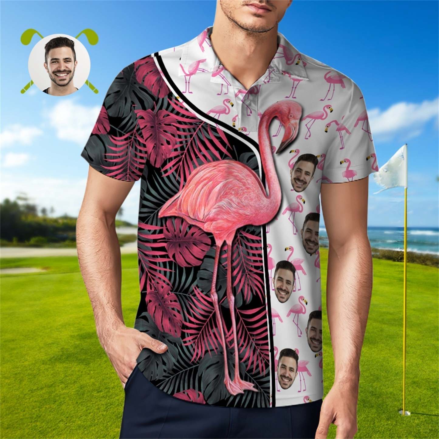 Polo De Encargo De La Cara Para Las Camisas Hawaianas Divertidas Del Golf Del Flamenco De Los Hombres - TuNombrecollar