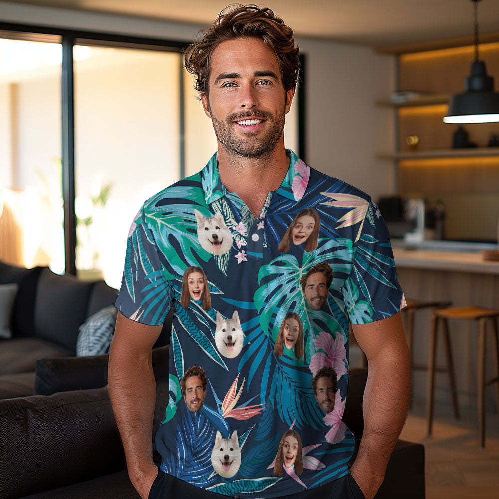 Polos Personalizados Personalizados Polo Con Cara De Hombre Personalizado Polos De Golf Para Él Hojas Y Flores Verdes - TuNombrecollar